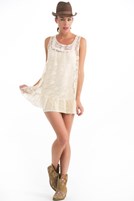 Bayan Bej Kolsuz Orta Uzunlukta Dantelli Elbise