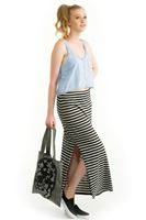 Bayan Gri Uzun Çizgili Yırtmaçlı Etek