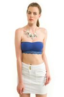 Bayan Mavi Dantel Detaylı Lastikli Büstiyer