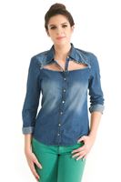 Bayan Mavi Gögüs Dekolteli Denim Gömlek 