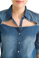 Bayan Mavi Gögüs Dekolteli Denim Gömlek 