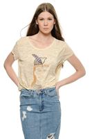 Bayan Krem Yüz Baskılı Kısa Tişört