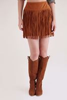 Bayan Kahverengi Süet Mini Püsküllü Etek