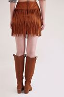 Bayan Kahverengi Süet Mini Püsküllü Etek