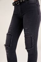 Bayan Siyah Dizleri Yırtık Detaylı Eskitme Jean