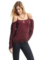 Bayan Bordo Dantel Garnili Omuz Detaylı Bluz