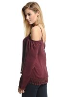 Bayan Bordo Dantel Garnili Omuz Detaylı Bluz