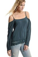 Bayan Lacivert Dantel Garnili Omuz Detaylı Bluz