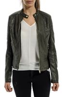 Bayan Yeşil Bisiklet Yaka Deri Ceket