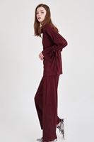 Bayan Bordo Pileli Bol Pantolon