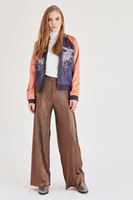 Bayan Kahverengi Simli Pileli Pantolon