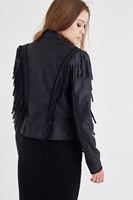 Bayan Siyah Püsküllü Deri Ceket