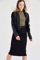 Bayan Siyah Püsküllü Deri Ceket