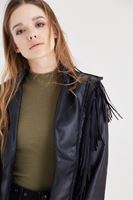 Bayan Siyah Püsküllü Deri Ceket