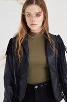 Bayan Siyah Püsküllü Deri Ceket