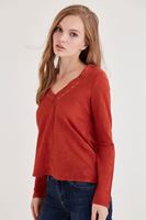 Bayan Turuncu Yakası Dantel Detaylı Bluz