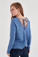 Bayan Mavi Yakası Dantel Detaylı Bluz