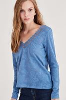 Bayan Mavi Yakası Dantel Detaylı Bluz