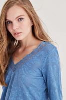 Bayan Mavi Yakası Dantel Detaylı Bluz