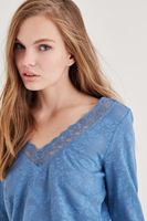 Bayan Mavi Yakası Dantel Detaylı Bluz