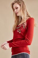 Bayan Turuncu V Yaka Çiçek İşlemeli Kazak