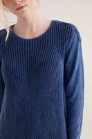 Bayan Mavi Omuz Detaylı Yıkamalı Triko