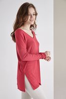 Bayan Bordo V Yaka Yanları Yırtmaçlı Tişört