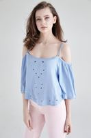 Bayan Mavi Dökümlü Delik Detaylı Bluz