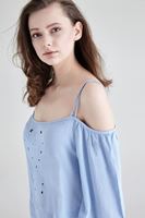 Bayan Mavi Dökümlü Delik Detaylı Bluz