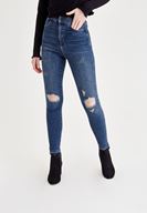 Bayan Lacivert Yüksek Bel Dar Paça Eskitme Denim Pantolon