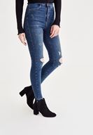 Bayan Lacivert Yüksek Bel Dar Paça Eskitme Denim Pantolon