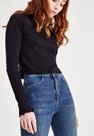 Bayan Lacivert Yüksek Bel Dar Paça Eskitme Denim Pantolon