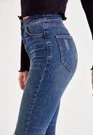Bayan Lacivert Yüksek Bel Dar Paça Eskitme Denim Pantolon
