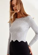 Bayan Gri Zigzag Kesimli Triko