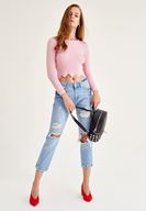 Bayan Pembe Zigzag Kesimli Triko