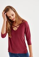 Bayan Bordo Çapraz Biye Detaylı Bluz