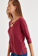 Bayan Bordo Çapraz Biye Detaylı Bluz