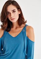 Bayan Mavi Omuz Detaylı Uzun Kollu Bluz