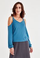 Bayan Mavi Omuz Detaylı Uzun Kollu Bluz