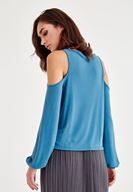Bayan Mavi Omuz Detaylı Uzun Kollu Bluz