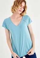 Bayan Mavi Yumuşak Dokulu V Yaka Tişört