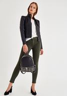 Bayan Siyah Yakası Kemer Detaylı Biker Deri Ceket