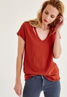 Bayan Kahverengi Biye Detaylı V Yaka Tişört