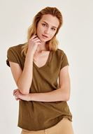 Bayan Yeşil Biye Detaylı V Yaka Tişört