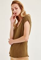 Bayan Yeşil Biye Detaylı V Yaka Tişört