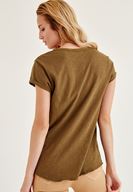 Bayan Yeşil Biye Detaylı V Yaka Tişört