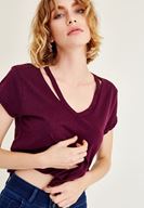 Bayan Mor Biye Detaylı V Yaka Tişört