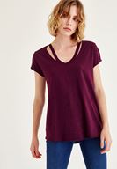 Bayan Mor Biye Detaylı V Yaka Tişört