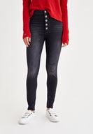 Bayan Siyah Çok Düğmeli Dar Paça Denim Pantolon