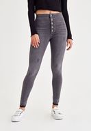 Bayan Gri Çok Düğmeli Dar Paça Denim Pantolon